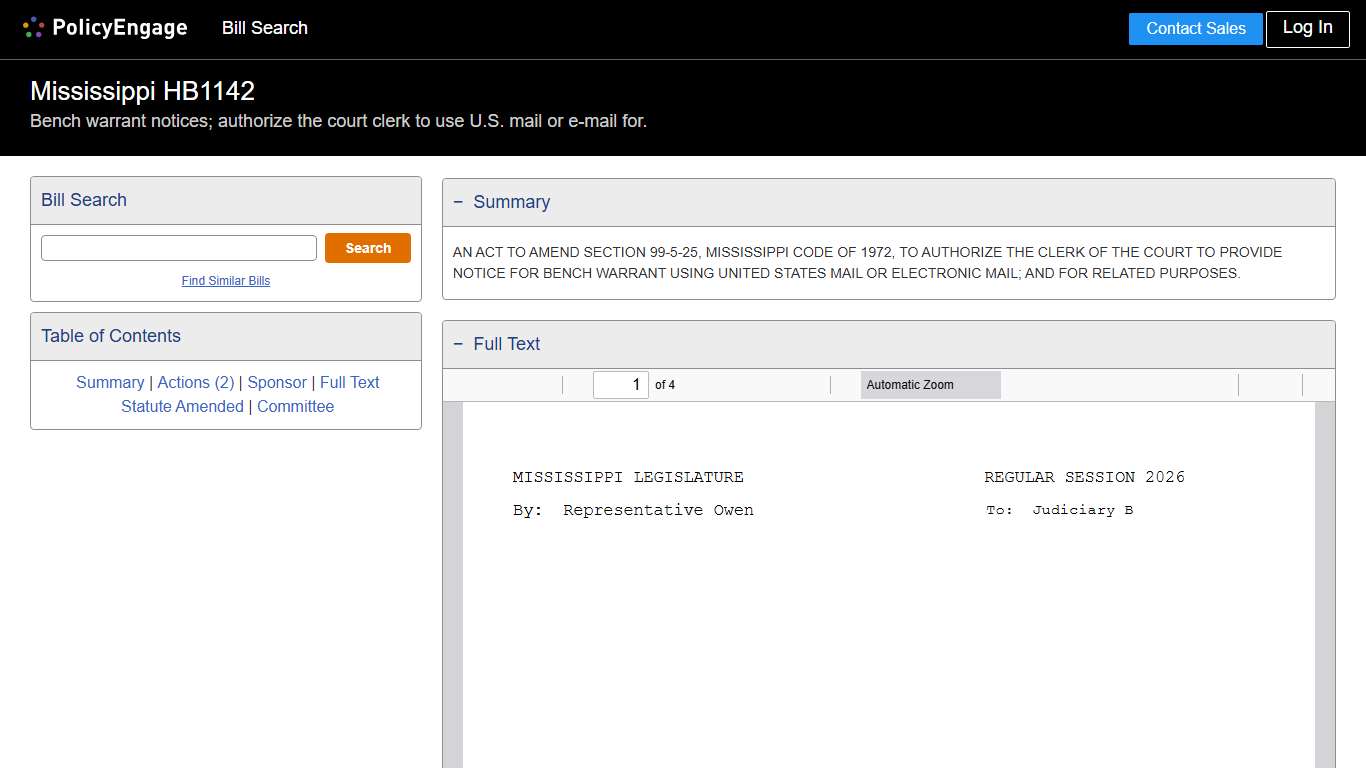 HB1142 Mississippi 2026 Bench warrant notices; authorize the court clerk to use U.S. mail or e-mail for. - Legislative Tracking PolicyEngage